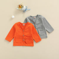 Pudcoco 0-24M Coat Newborn Infant Kids Girl Solid Color V-Neck Long Sleeve Jacket with Pockets GrayOrange Outwear