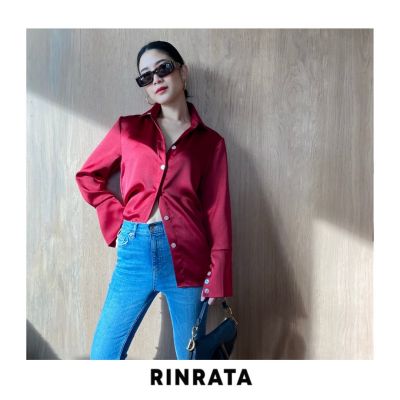 RINRATA - Charlotte Shirt เสื้อเชิ้ต สี แดง คอปก ผ้าซิลค์ ซาติน นุ่มลื่น ใส่สบาย ทรงปล่อย ขอบแขนใหญ่ แต่งกระดุม เสื้อทำงาน เสื้อไปเที่ยว Silk satin shirt