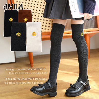 AMILA ถุงน่องถุงเท้ายาวทรงท่อเข่าสำหรับเด็กพร้อมงานปักรูปมงกุฎ