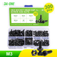 DA-ONE 300pcs M3 12.9 Grade Carbon Steel Black Allen Bolt Hex Socket Round Cap Head Screw And Hex Nut Set Kit Din912