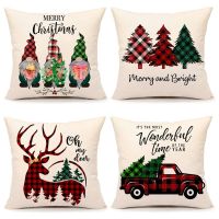 Christmas Pillow Covers 18X18Inch Set of 4 Red Black Farmhouse Xmas Decorations Cushion Case for Sofa Couch Cotton Linen