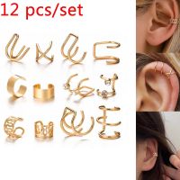 12 pcs/set Ear Cuff for Women Fake Cartilage Earring Gold Color Non-Piercing Ear Clips Crystal Clip Earrings Punk Party Gifts