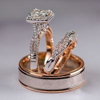 HOYON Three Piece Rings Set Rose Gold Color Divided Sparkling Diamond Zircon Rings Womens Luxury Wedding Engagement Rings