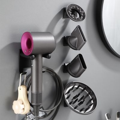 ❁ Hair Dryer Holder Black Hairdryer Shelf With Hooks Wall Mounted Straightener Stand Hairdryer Organizer Bathroom Accessories