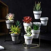 Nordic Iron Flower Pot Non-porous Stoneware Flower Pot Three Sets Artificial Succulent Geometric Plant Container Desktop Decor