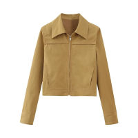 YENKYE ใหม่ผู้หญิงสีน้ำตาลด้านหน้าซิป Crop Jacket Vintage แขนยาว Lapel Collar หญิงฤดูใบไม้ร่วง Outerwear