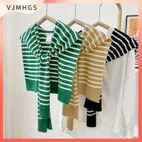 VJMHGS ถักนิตติ้ง เสื้อคลุมแหลม ลายทางลาย บางและบาง ปกเสื้อปลอม มีสไตล์ ผ้าพันคอแบบผูกปม ฤดูหนาวฤดูใบไม้ร่วงฤดูหนาว