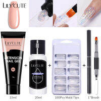 LILYCUTE ชุดเจลยูวีเล็บต่อเล็บ4ชิ้น/เซ็ต15มล. สำหรับต่อเจลโพลีสีชมพูใสน้ำยาทาเล็บเจลชุดแต่งเล็บเจลชุดกล่องเครื่องมือเล็บ (แม่พิมพ์100ชิ้น)