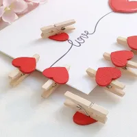 50pcs Red Heart Shaped Wooden Clips Love Clothespins Photo Paper Peg Pin Postcard Clips Valentines Day Wedding Party Decoration Clips Pins Tacks