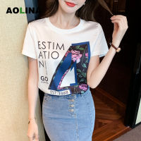 AOLINA 2023ใหม่แขนสั้นทรงหลวมสีขาวเสื้อยืดผ้าไหม Ins เสื้อพิมพ์ลายตัวอักษรอเมริกันฤดูร้อน