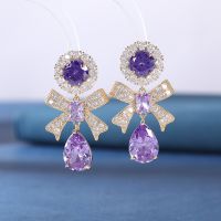 【YF】 French Sweet Purple Crystal Zircon Bowknot Geometric Mosquito Coil Clip on Earrings Without Pierced for Women Party