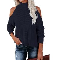 ✙ Womens Turtleneck Sleeve Cold Shoulder Sweaters Low Pullover Sweater