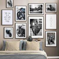 ✲∏❆ Wall Art ภาพวาดผ้าใบ Race Classic รถจักรยานยนต์รุ่นสาวสีดำสีขาว Nordic โปสเตอร์และพิมพ์ภาพผนังสำหรับห้องนั่งเล่น