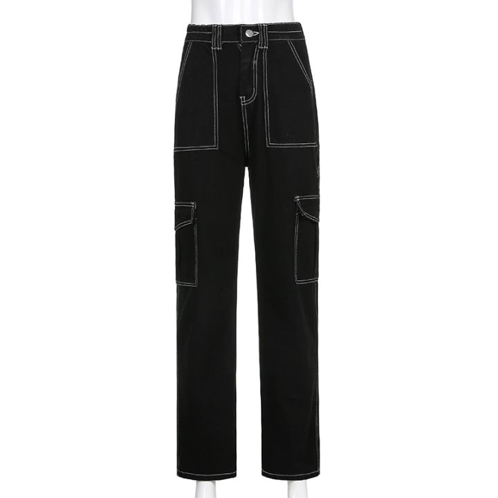 กางเกงคาร์โก้สีดำมีกระเป๋าหลายช่องกางเกงยีนส์-y2k-เอวสูงแนวสตรีทแฟชั่นแนวฮาราจูกุคู่กางเกงขาม้าลำลองเรียบง่าย