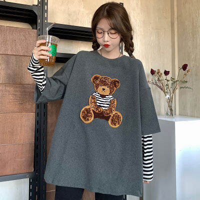 KOSAHIKI Autumn Women Clothing Korean Ulzzang Harajuku T-shirt Cute Bear Print Fake Two Long Sleeve T-shirt Female Loose Shirts