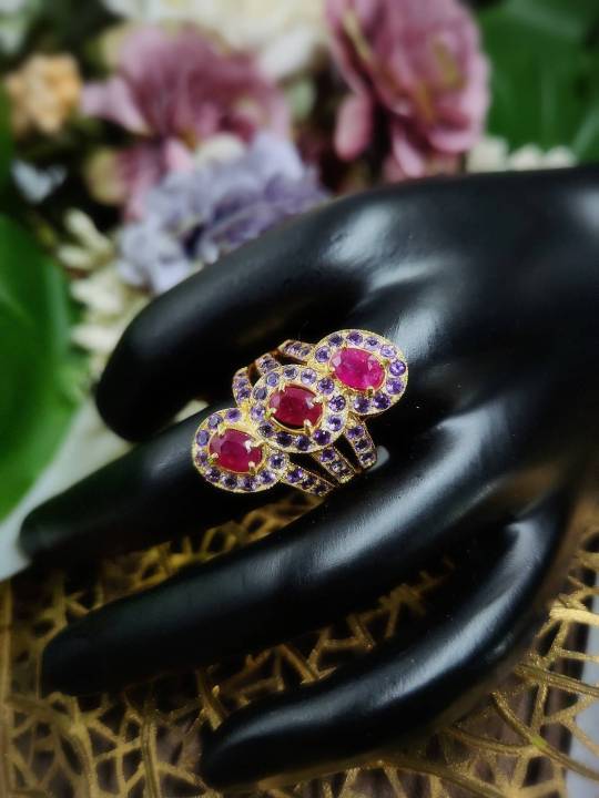 แหวนพลอยแท้-พลอยทับทิมแดงล้อมอเมทิสต์-เรือนเงินแท้-925-ชุบทอง-ไซส์-56-สวยมาก
