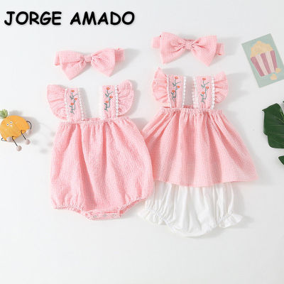 ฤดูร้อนใหม่ Family Matching Outfits Pink Flare Sleeves Bodysuit Square Collar Princess Dress Shorts Girl Twins Clothes E2101