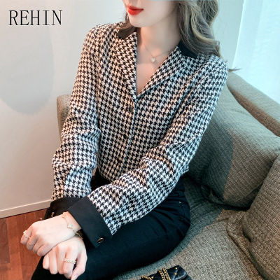 REHIN เสื้อเชิ้ตแขนยาวสไตล์ฝรั่งเศสสำหรับผู้หญิง,เสื้อเบลาส์คอวีลาย Houndstooth สำหรับฤดูใบไม้ผลิใหม่
