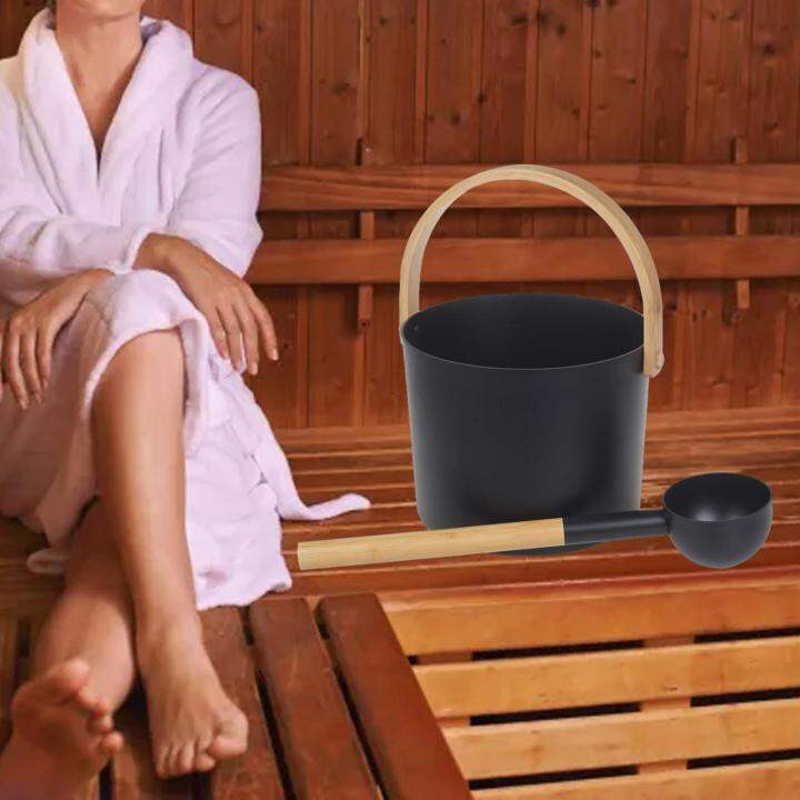 CUTICATE Sauna Bucket with Ladle, Sauna Accessory ,Bamboo Handle Portable 7 Liter Sauna Water