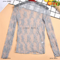 pime MALL เสื้อยืดโปร่งใสสง่างามเซ็กซี่แขนยาวตาข่าย tulles ดูผ่านเสื้อ Tops