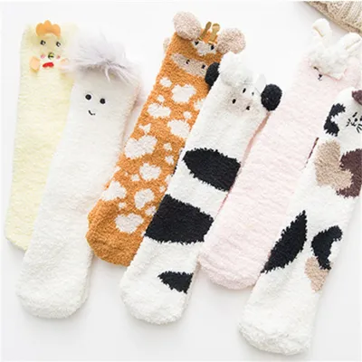 Sleep Warm Floor Socks Female Lovely Home Furnishings Cartoon Towel Socks Winter Pure Cotton Coral Velvet