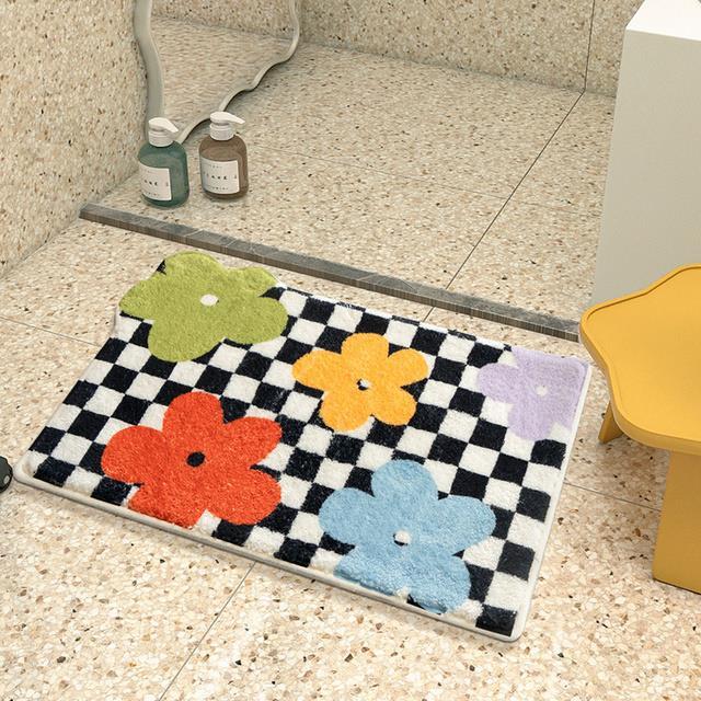 cute-flower-bath-mats-soft-plush-checkerboard-shower-room-floor-carpets-non-slip-kids-bathroom-absorb-rugs-tapis-salle-de-bain
