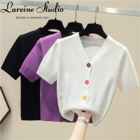 LAREINE เสื้อยืดผู้หญิงคอวีลำลองสีทึบเสื้อคาร์ดิแกนเนื้อบางสำหรับฤดูร้อนเสื้อยืดถัก