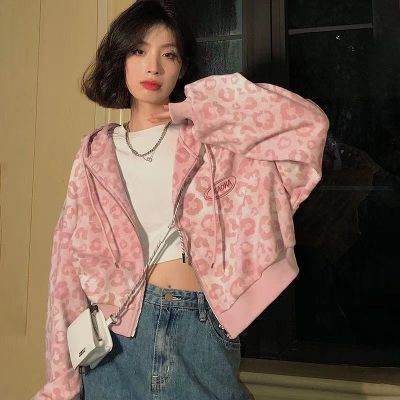 Sweet Pink Leopard Print Short Zipper Sweatshirt Top Women Loose Vintage Casual Streetwear Girl Hoodie Fashion Jacket Pullover