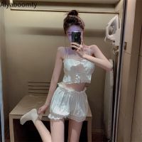 Summer Women 2Pcs Pajama Sets Suspenders White Lace Crop Top+Lantern Shorts Sexy Cotton Homewear Clothes Cute Kawaii Nightwear