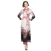 Women Dress Spot Real  Elegant Long Sleeve  Vintage Printed Maxi Dress