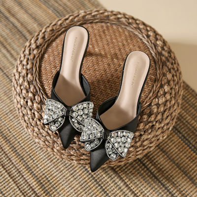 2023 Summer Versatile New Rhinestone Bow Toe Cap Stilettos Sandals Womens Shoes Fashion Pointed High Heels Women