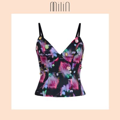 [MILIN] Harmony Spaghetti strap bra top V neckline Hand sewn multi-color jewel embellishment Flower blurred play digital print Silky satin top /เสื้อสายเดี่ยวผ้าซาตินคอวีพิมพ์ลายดอกไม้เบลอปักเพชร สีดำ