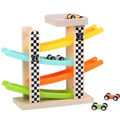 Wooden 4 Tracks Slide Car Preschool Education Block Toy With 4 Cars