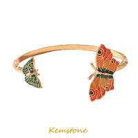 Kemstone ชุบทองพื้นผิวกำไลข้อมือที่มีสีสันเคลือบผีเสื้อเปิดสร้อยข้อมือปรับสำหรับผู้หญิงเครื่องประดับของขวัญ