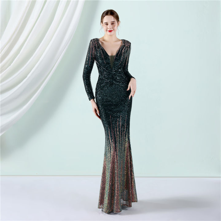 Evening dress women's new banquet Sequin fishtail prom party dress long ...