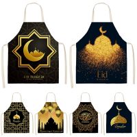 Muslim Eid Mubarak Printed Home Cooking Baking Waist Bib Ramadan Kareem Kitchen Apron For Women Star Crescent Cotton Linen Decor