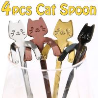 4/1Pcs Cute Cat Coffee Spoon Cartoon Stainless Steel Teaspoons Dessert Snack Scoops Ice Cream Spoons Tableware Kitchen Tools