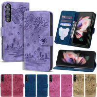 เคสแม่เหล็กสำหรับ Samsung Galaxy Z Z Fold4 Fold3 5G 2021 2022กระเป๋าเงินใส่บัตรลาย PU หนังแมวลายดอกซากุระบาน