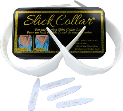 Slick Collar Adjustable Shirt Collar Support Bonus Set with Collar Stays for Men and Women Black EDC Metal Box