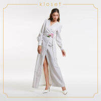 Kloset Wrap Dress With Floral Embroidered(AW19-D025) ชุดเดรส ชุดผ้าหนา ชุดเดรสยาว ชุดเดรสแฟชั่น