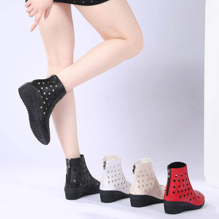 kfg945จริงหนังนุ่มเต้นรำรองเท้าแบบมีรูระบายผู้หญิงกลาง-heel-hollow-booties-ลื่น-breathable-wedge-รองเท้าผดุงครรภ์รองเท้า