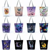 【Lanse store】Fashion New Trend Tote Beautiful Butterfly Print Handbag for Women Comics Retro Beach Shoulder Bag Reusable Storage Shopping Bag