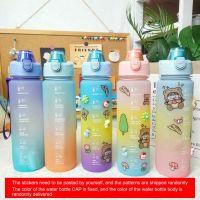 1L Large Capacity Water Bottle With Bounce Cover Time Scale Reminder Frosted Cup With Cute Stickers For Outdoor Sports Fitness