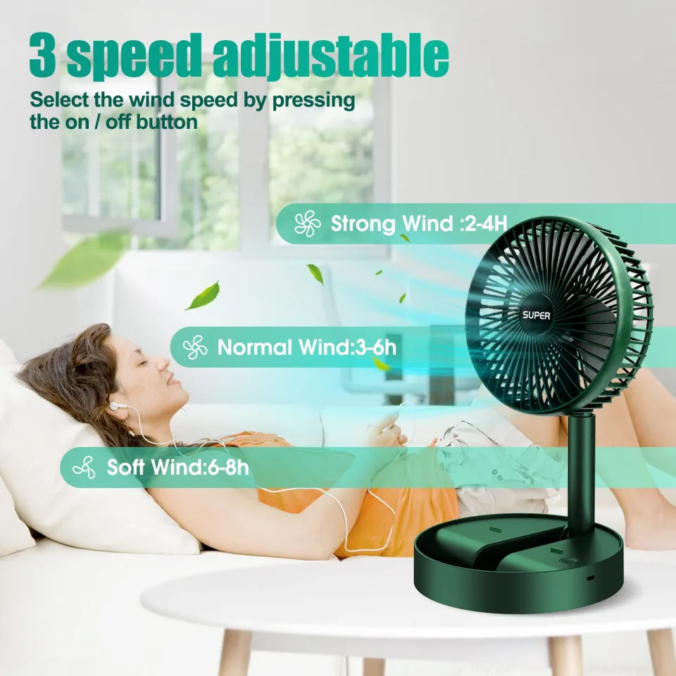 Portable Rechargeable Desk Fan, Folding Fan 3 Speeds Adjustable Height  Table Fan with Timer, 2000mAh Rechargeable USB Charging for Home Office  Travel