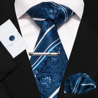 【Fashion house]KAMBERFT Navy Blue Striped Silk Wedding Tie For Men Fashion Design Gift Men Necktie Hanky Cufflink Set Business Party Gravata