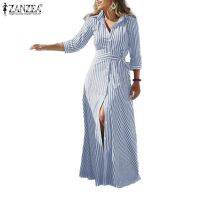 ZANZEA Women Turn-down Collar Striped Belted Button Down Maxi Dress