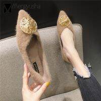 HOT★เกลียวโลหะหัวเข็มขัด Mink Fur บัลเล่ต์รองเท้าผู้หญิง Pointed Toe Warm Plush Loafers หญิงกลางแจ้งฤดูหนาว Mules รองเท้าขนาดใหญ่41-45