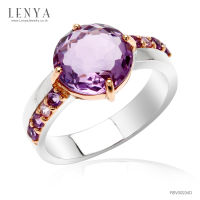 Lenya Jewelry แหวนพลอยอเมทีสต์ (Amethyst) เม็ดโต ตัวเรือนเงินแท้ ชุบทองคำขาว และ สีพิ้งค์โกลด์