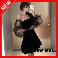 NEW MALL FashionชุดสตรีPatchworkไหล่กระโปรงทรงเอชุดไปงานเลี้ยง กระโปรงตาข่ายอารมณ์พัฟแขนสีดำปิดไหล่ผสมเอวอ้วนแต่งตัวผู้หญิง
