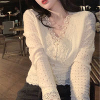 Casual Lace V-Neck Blouse Women 2021 Spring Long Sleeve Party y Base Shirt Female Korea Style Elegant Office Lady Slim Tops